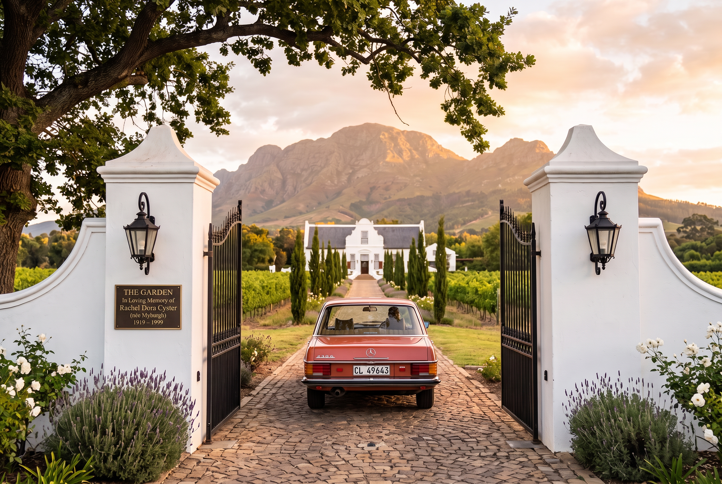 A pair of white Cape Dutch pillars with wrought-iron gates opening onto a cobblestone path that leads through a Franschhoek vineyard to a whitewashed manor house, with the Simonsberg mountains catching the warm gold of a Cape Winelands sunrise, framed by an ancient oak.